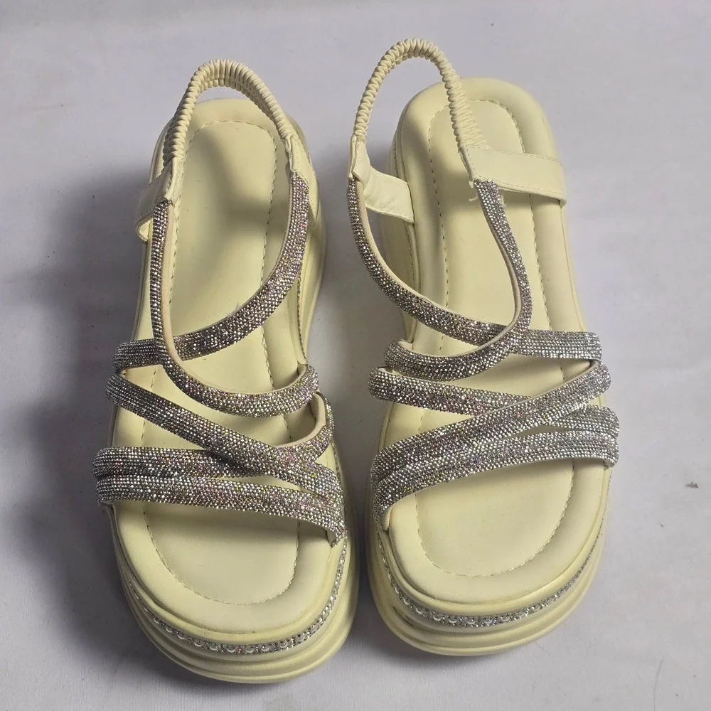 Rhinestone Embellished Platform Slingback Sandals‎ Cream Off White Size 40